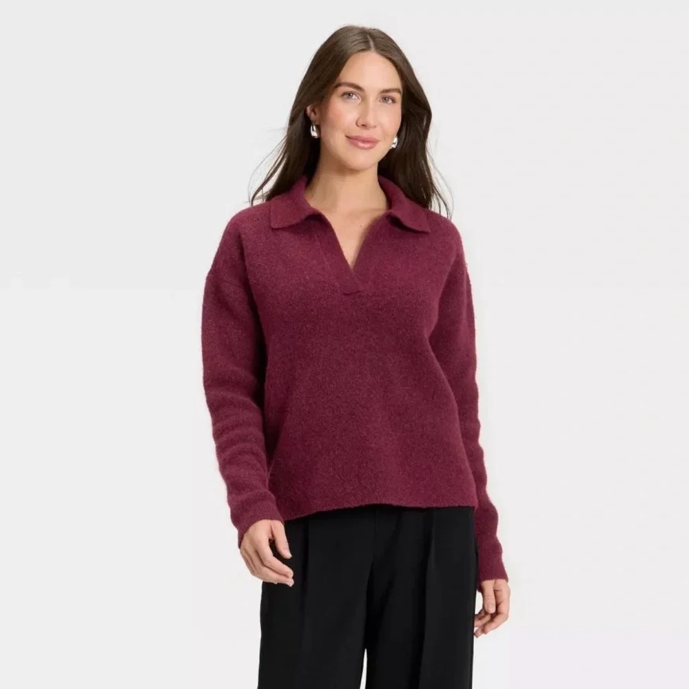 A New Day Polo Collar Knit Pullover Burgundy Sweater. Size M